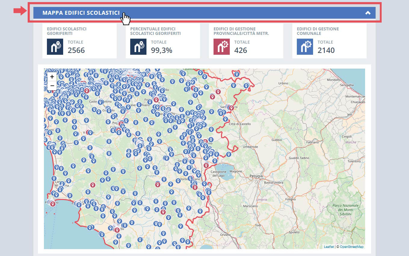 immagine pagina dashboard, finestra mappa edifici scolastici