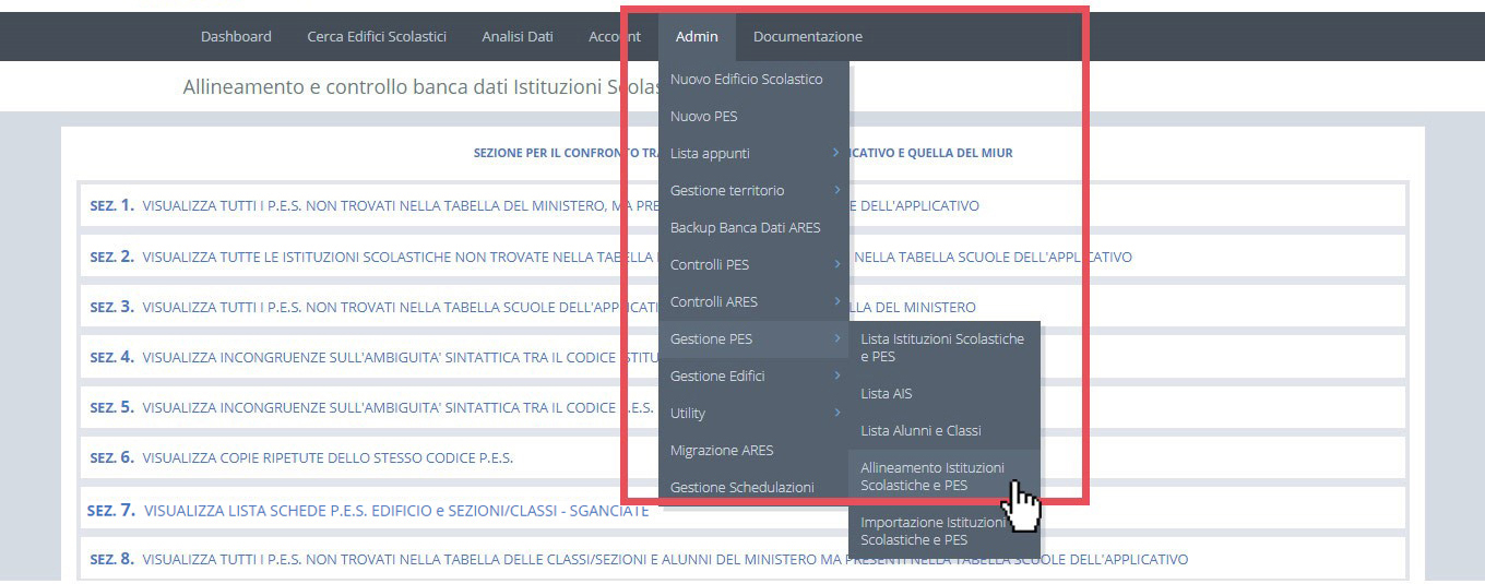 immagine menu admin, gestione PES, allineamento e controllo banca dati Istituzioni Scolastiche e PES