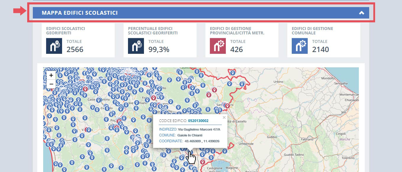 immagine pagina dashboard, finestra mappa edifici scolastici, specifiche edificio su mappa