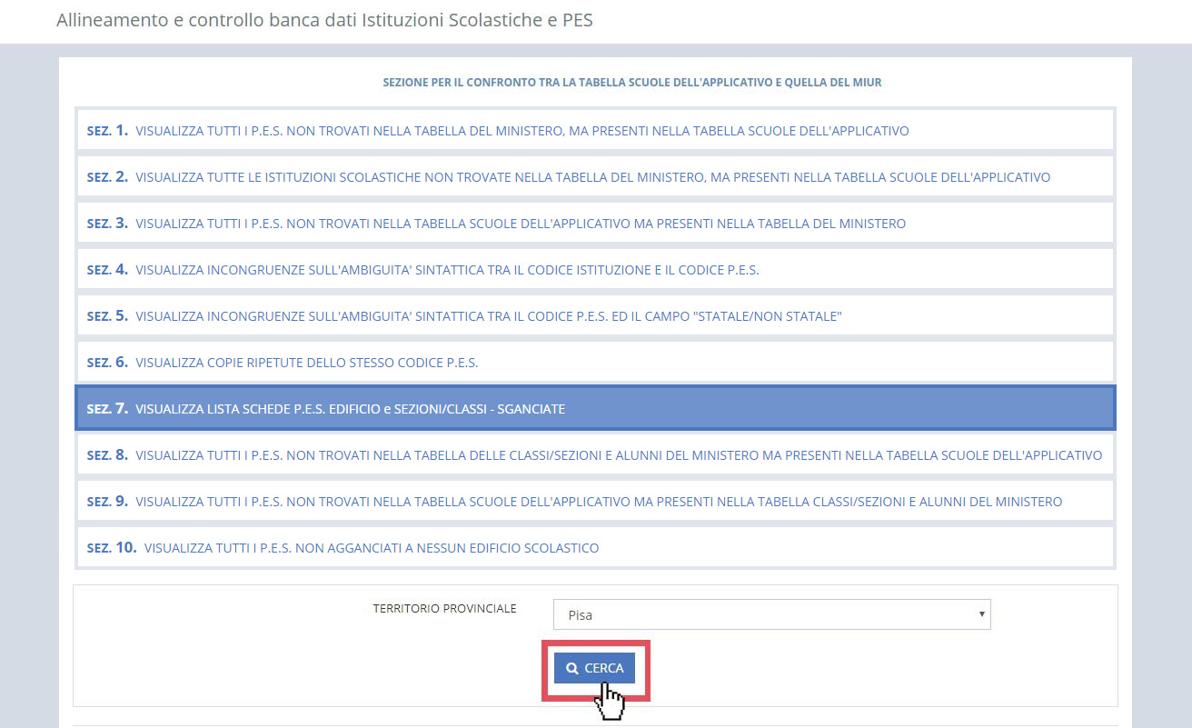 immagine pagina allineamento e controllo banca dati Istituzioni Scolastiche e PES, funzionalità SEZ.7, pulsante cerca