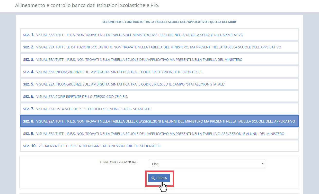 immagine pagina allineamento e controllo banca dati Istituzioni Scolastiche e PES, funzionalità SEZ.8, pulsante cerca