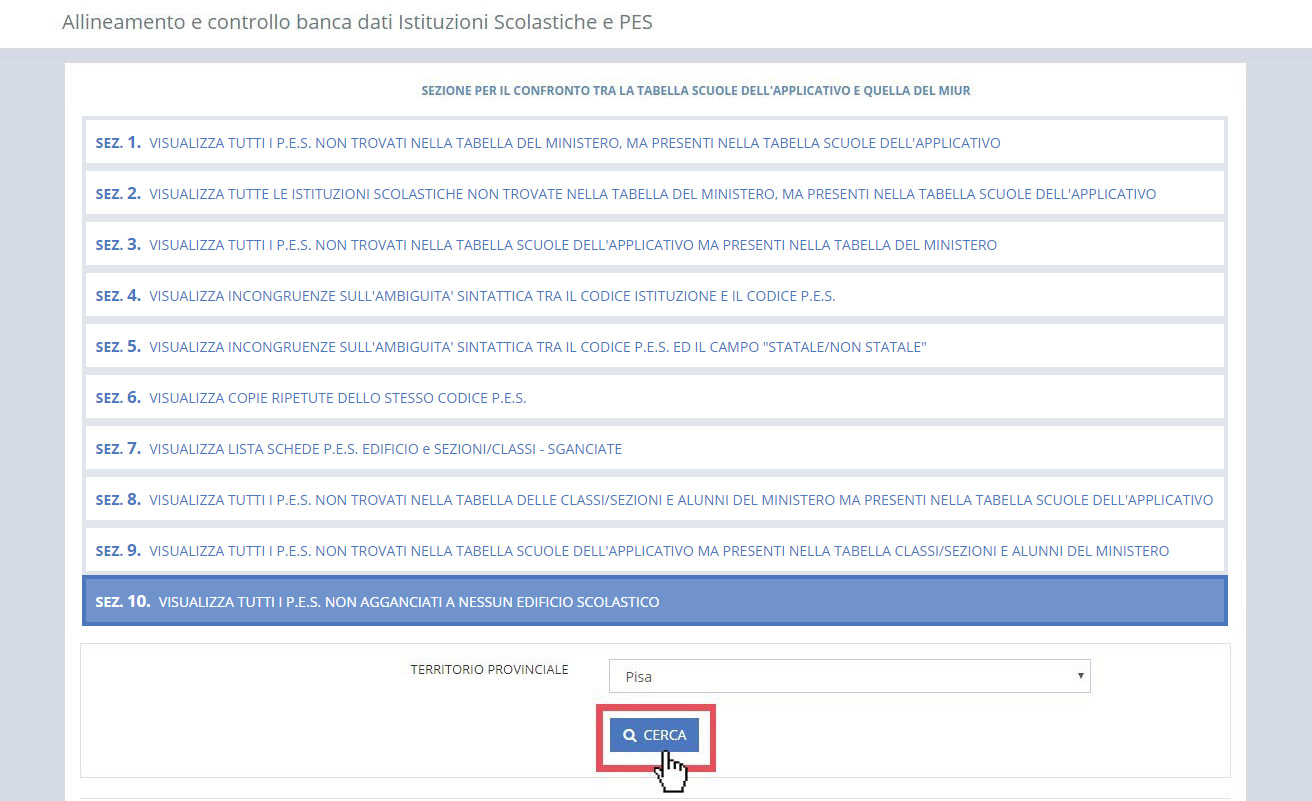 immagine pagina allineamento e controllo banca dati Istituzioni Scolastiche e PES, funzionalità SEZ.10, pulsante cerca