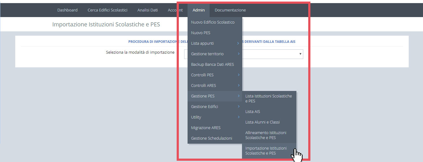 immagine menu admin, gestione PES, importazioni istituzioni scolastiche e PES