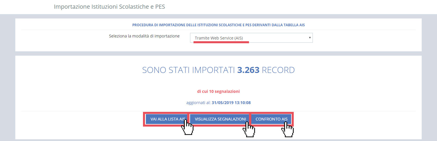 immagine pagina importazioni istituzioni scolastiche e PES, risultato importazione