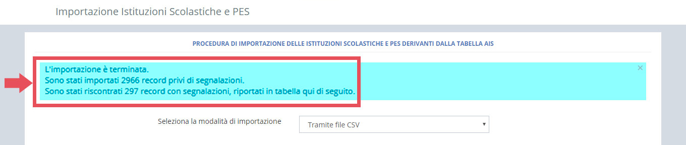 immagine pagina importazioni istituzioni scolastiche e PES, messaggio importazione terminata