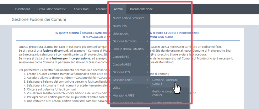 immagine menu admin, gestione edifici, gestione fusioni dei comuni