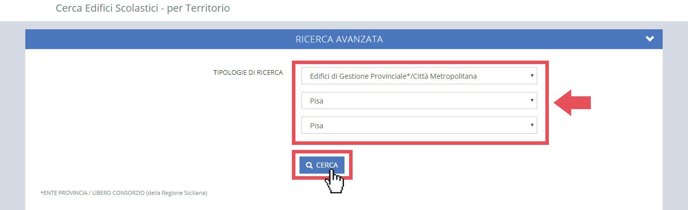 immagine pagina cerca edifici scolastici, finestra ricerca tramite tipologie di ricerca