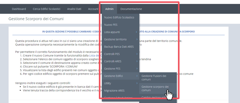 immagine menu admin, gestione edifici, gestione scorporo dei comuni