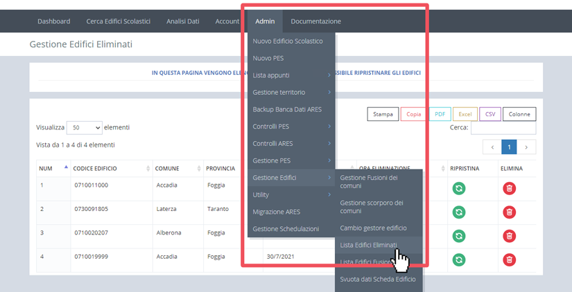 immagine menu admin, gestione edifici, lista edifici eliminati