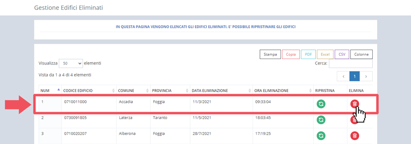 immagine pagina gestione edifici eliminati, finestra lista edifici eliminati, pulsante elimina