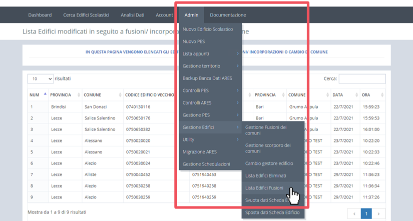 immagine menu admin, gestione edifici, lista edifici fusioni