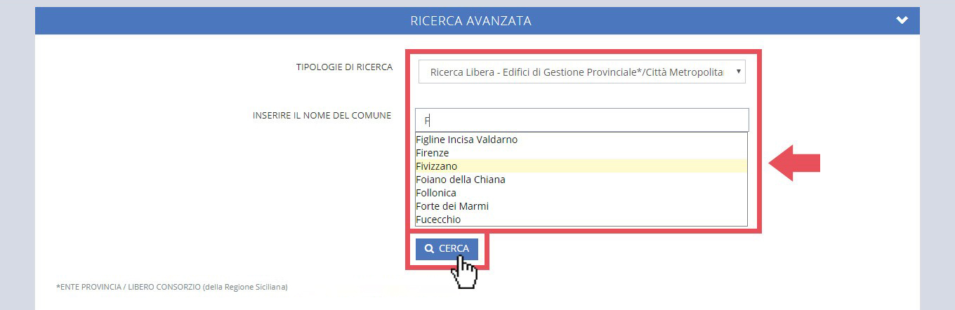 immagine pagina cerca edifici scolastici, finestra ricerca tramite tipologie di ricerca e nome comune