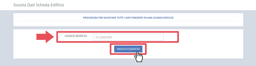 immagine pagina svuota dati scheda edificio, finestra ricerca tramite codice edificio, pulsante svuota edificio