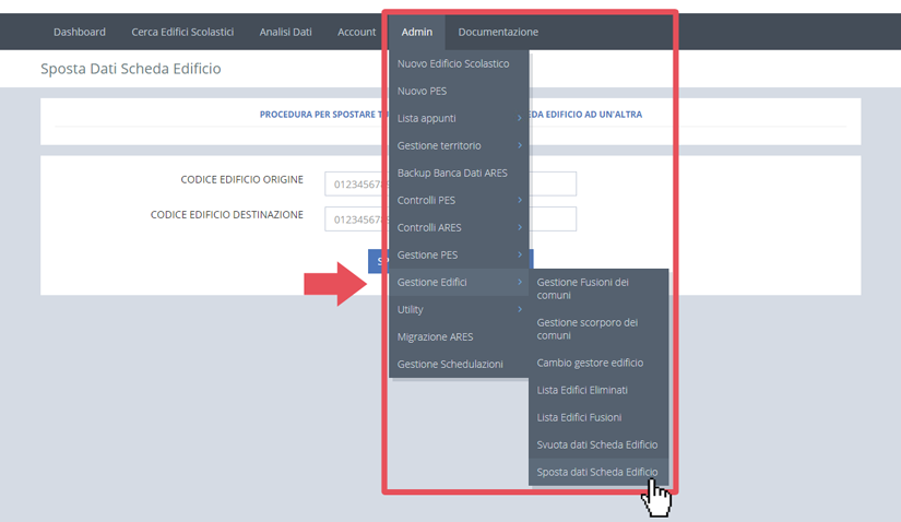 immagine menu admin, gestione edifici, sposta dati scheda edificio