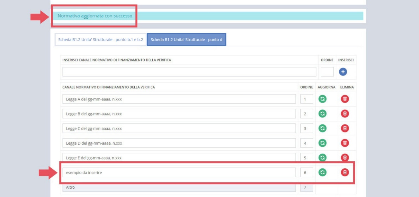immagine pagina gestione dell normative sezione B1.2, messaggio normativa inserita con successo