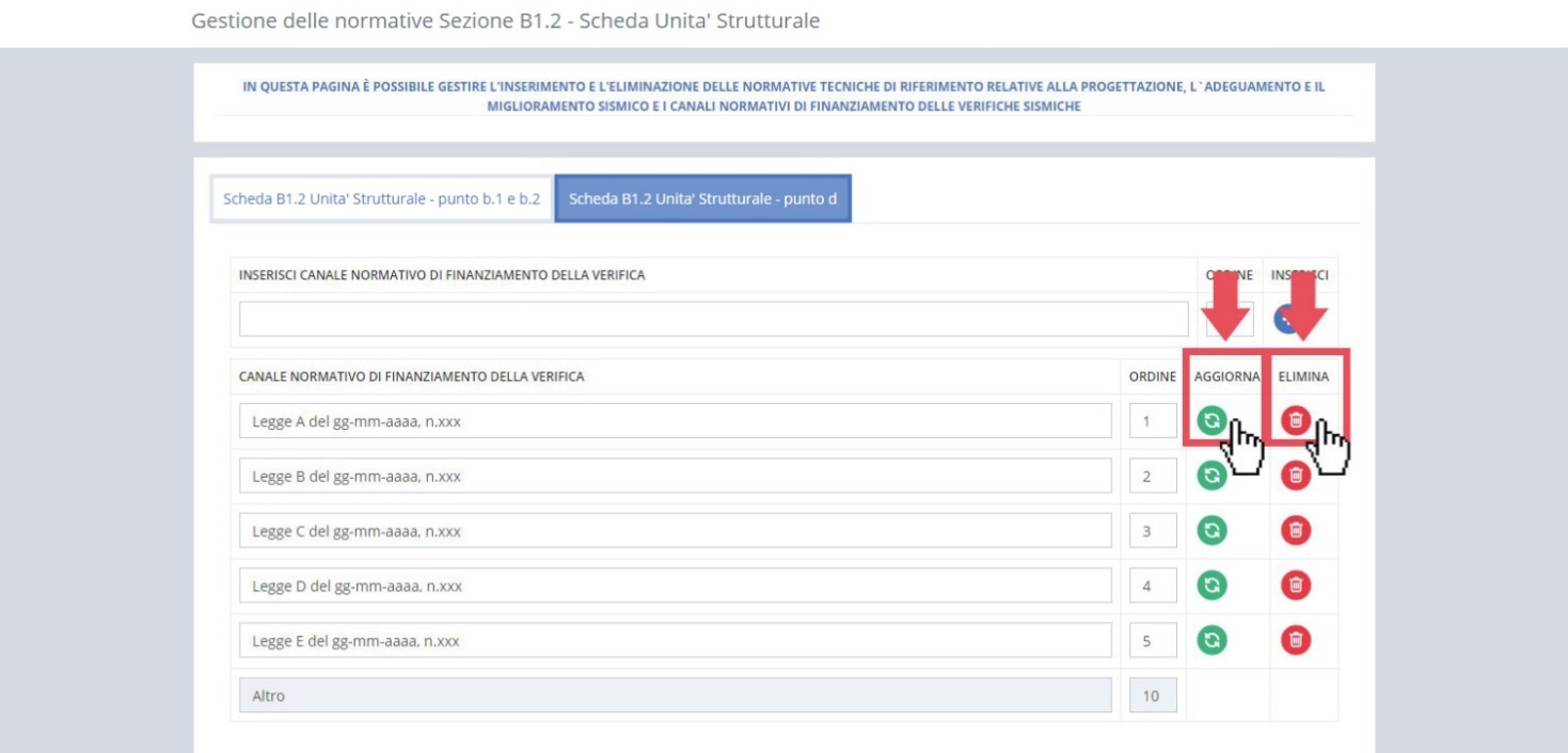 immagine pagina gestione dell normative sezione B1.2, pulsanti aggiorna ed elimina normativa