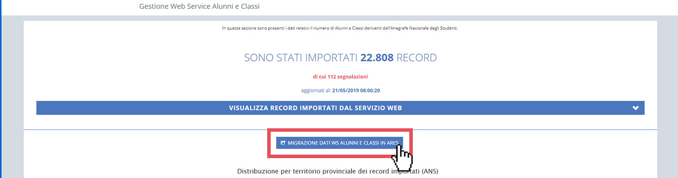 immagine pagina gestione web service alunni e classi, pulsante migrazione dati ws alunni e classi in ares