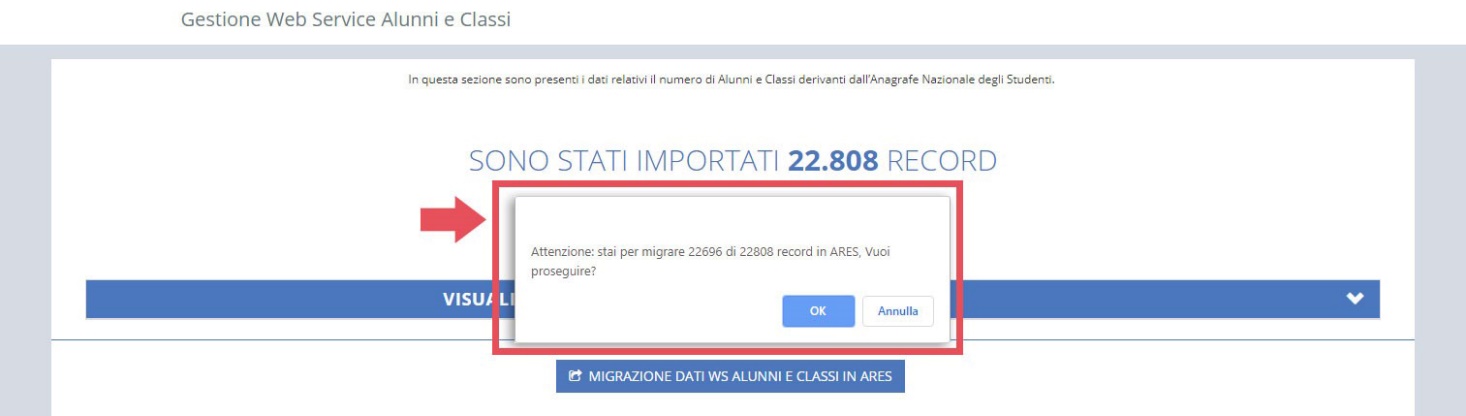 immagine pagina gestione web service alunni e classi, finestra di conferma