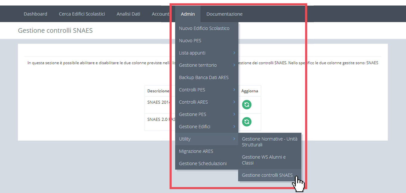 immagine menu admin, gestione controlli SNAES