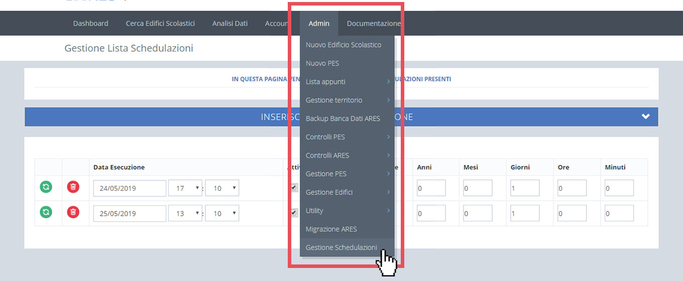 immagine menu admin, gestione schedulazioni
