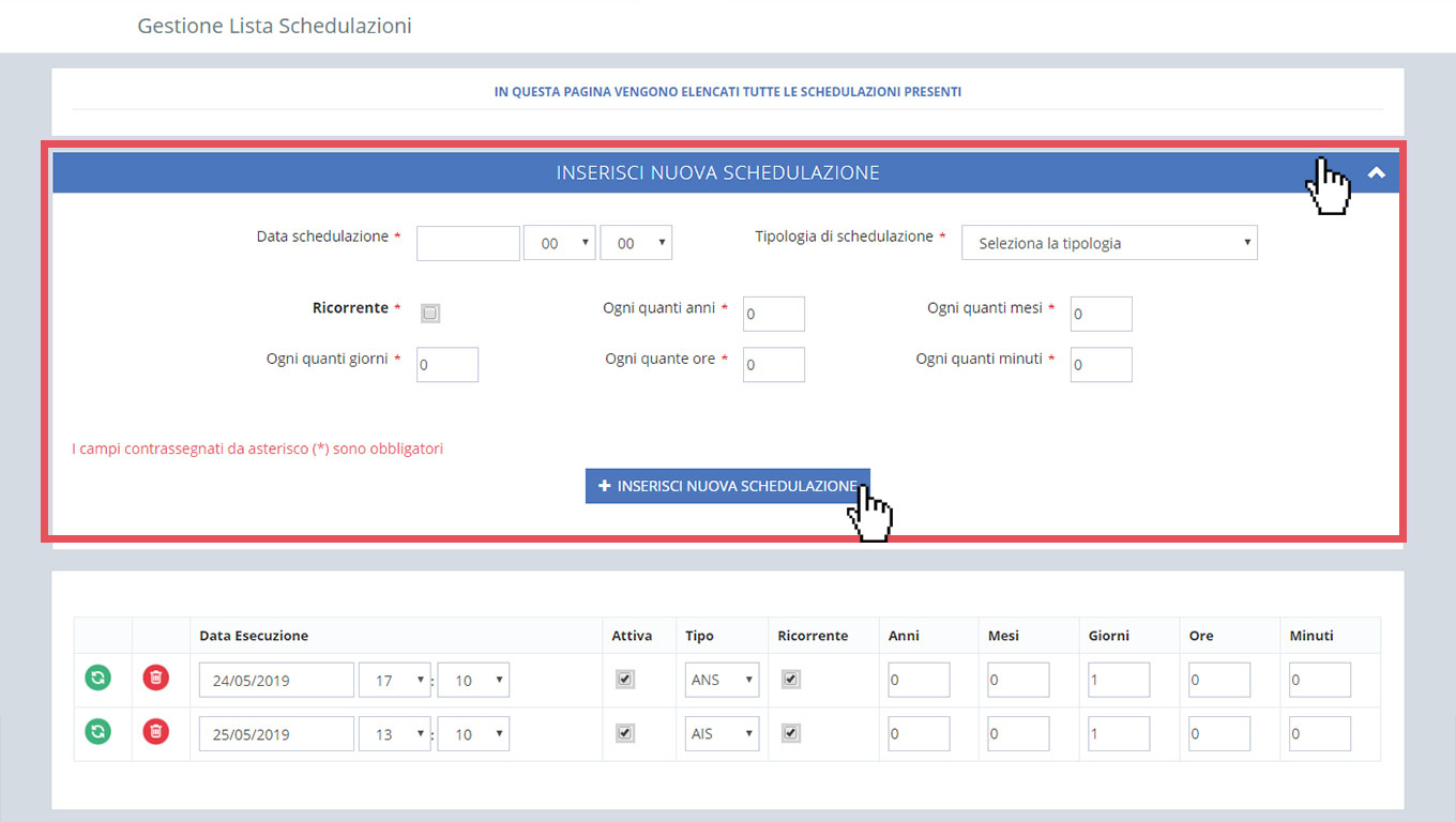 immagine pagina gestione lista schedulazioni, finestra inserimento nuova schedulazione