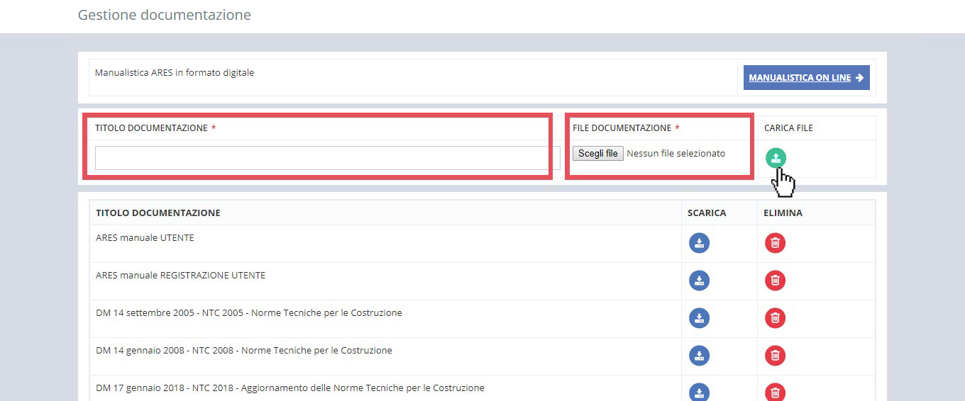 immagine pagina gestione documentazione, inserimento nuovo documento