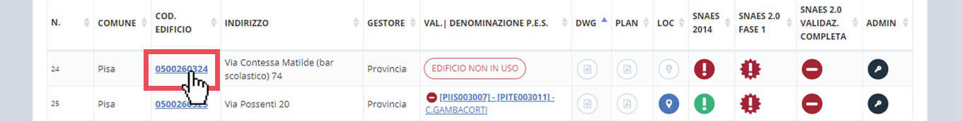 immagine pagina cerca edifici scolastici, collegamento codice edificio a scheda edificio