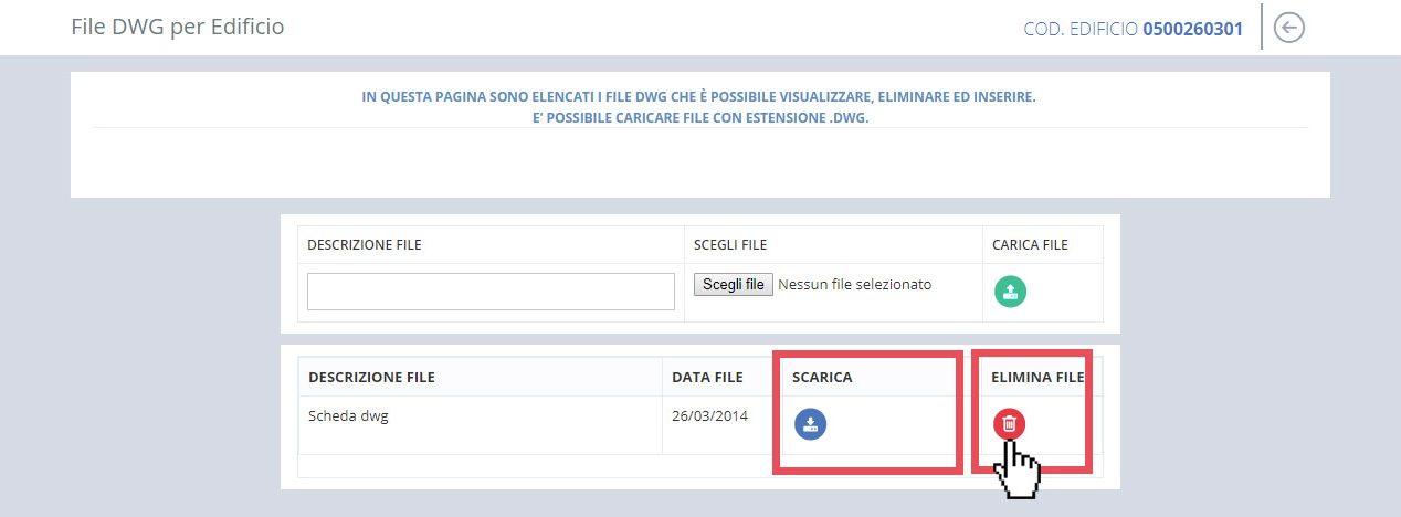 immagine pagina file dwg per edificio, download file, eliminazione file