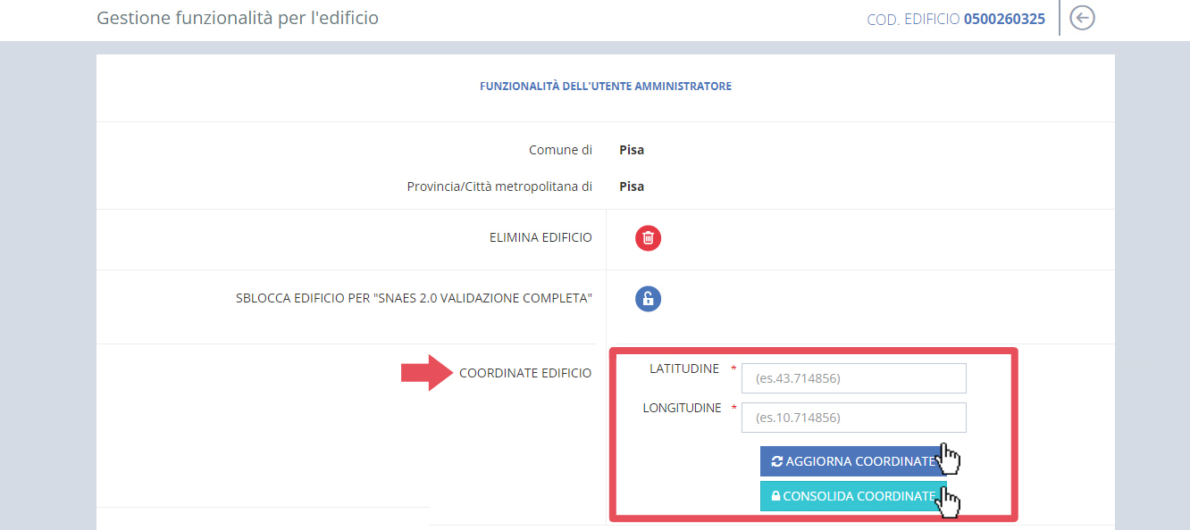 immagine pagina gestione funzionalità per l'edificio, coordinate edificio