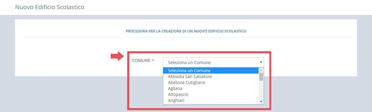 immagine pagina nuovo edificio scolastico, finestra creazione, seleziona comune