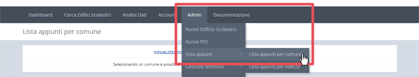 immagine menu admin, lista appunti per comune