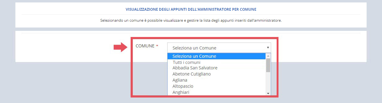 immagine pagina lista appunti per comune, finestra ricerca tramite selezione comune