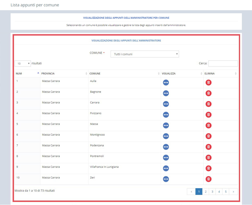 immagine pagina lista appunti per comune, risulti di ricerca