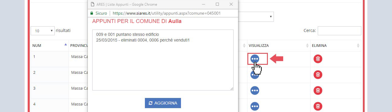 immagine pagina lista appunti, finestra visualizzazione appunti