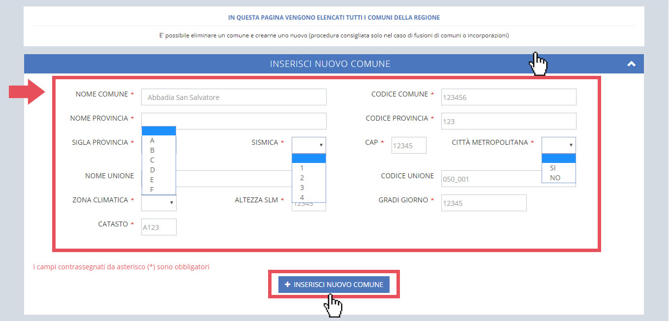 immagine pagina gestione lista comuni, finestra inserisci nuovo comune, compilazione del form