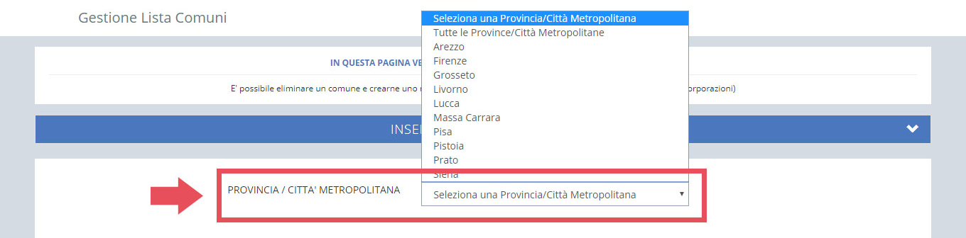 immagine pagina gestione lista comuni, selezione provincia