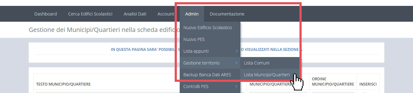 immagine menu gestione territorio, lista municipi/quartieri