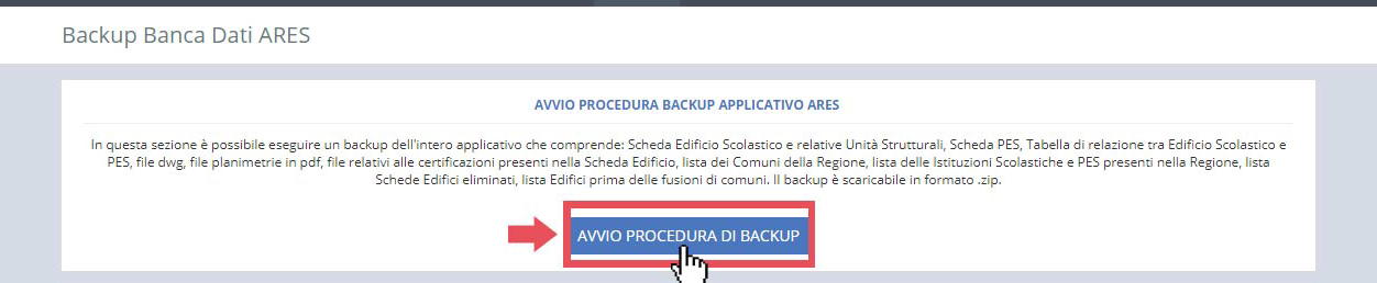 immagine pagina backup banca dati ARES, avvio procedura di backup