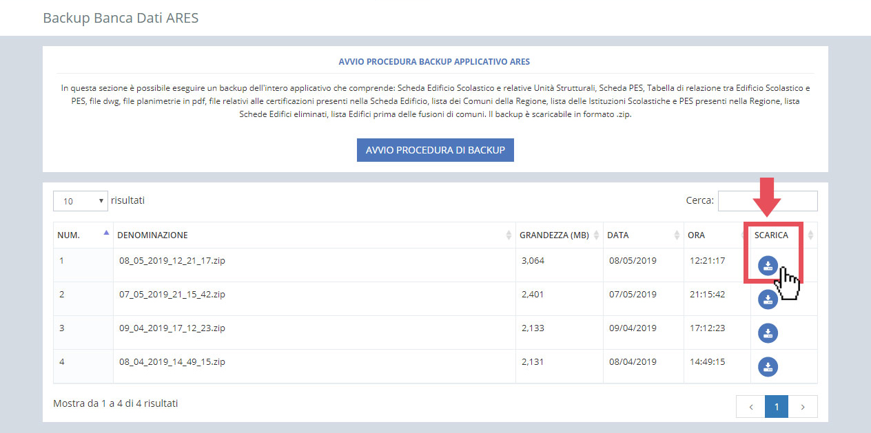 immagine pagina backup banca dati ARES, icona per scaricare il file