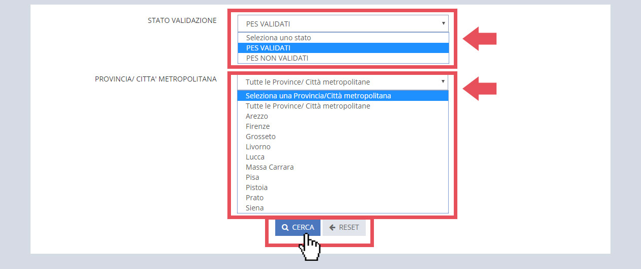 immagine pagina controllo validazione istituzioni scolastiche e PES, finestra selezione stato di validazione e provincia/città metropolitana