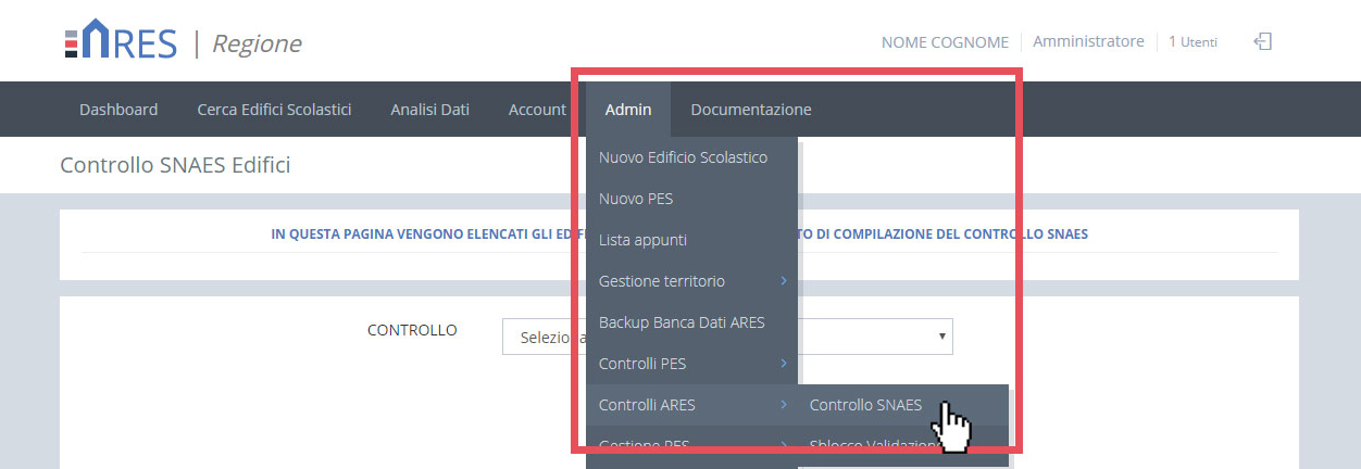 immagine menu admin, controlli ARES, controllo SNAES