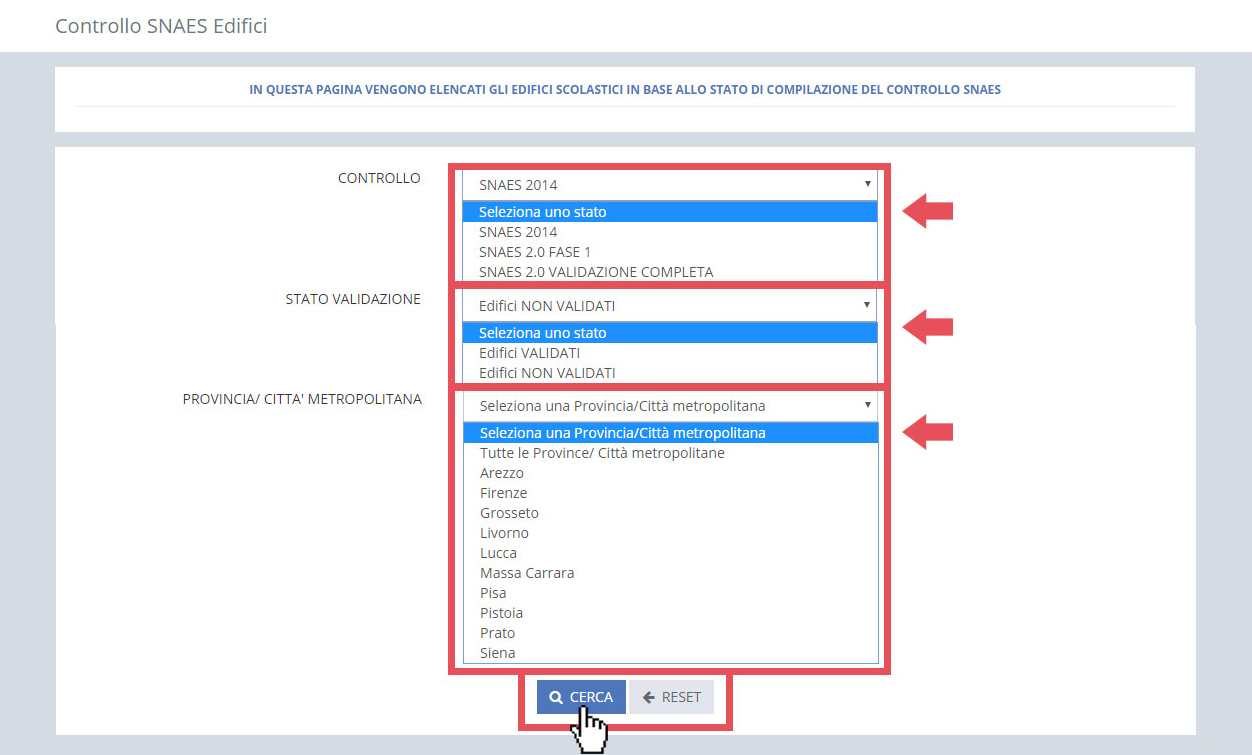 immagine pagina controllo snaes edifici, finestra ricerca tramite controllo, stato validazione e provincia/città metropolitana 