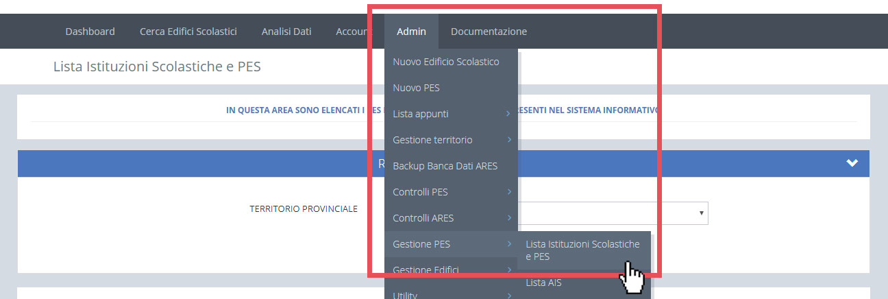 immagine menu admin, gestione pes, lista istituzioni scolastiche e PES