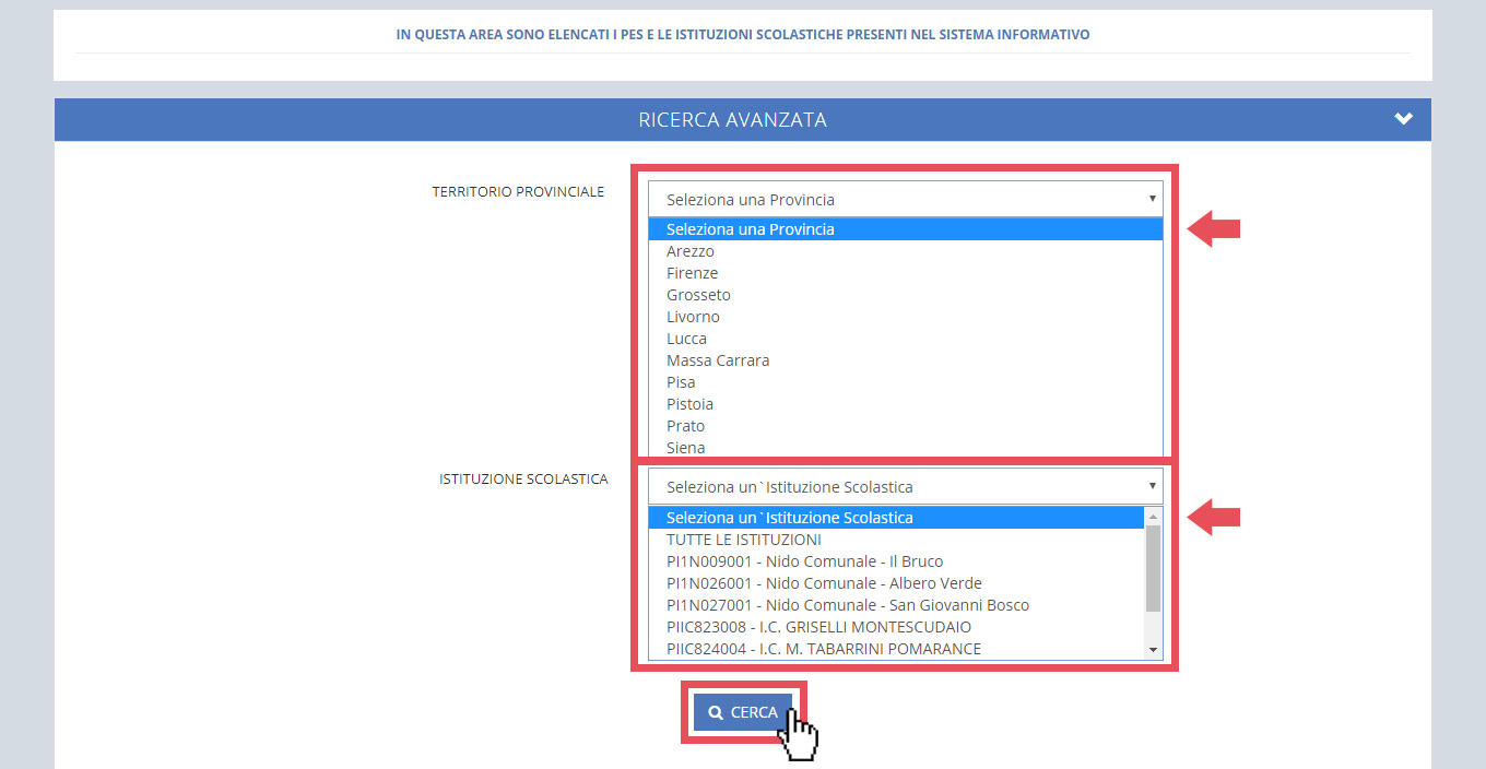 immagine pagina lista istituzioni scolastiche e PES, finestra ricerca tramite territorio provinciale ed istituzione scolastica