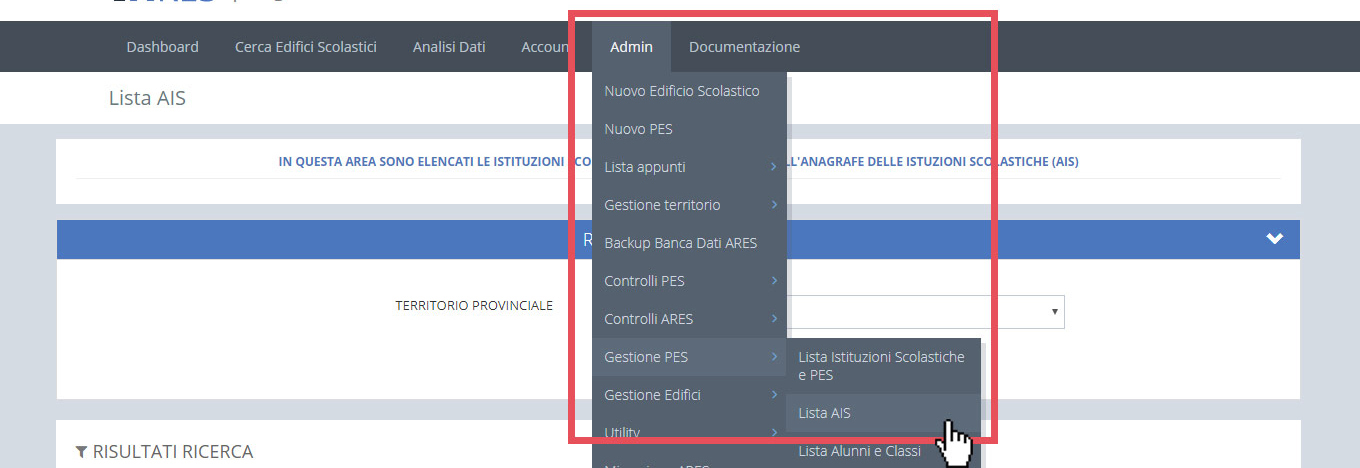 immagine menu admin, gestione PES, lista AIS