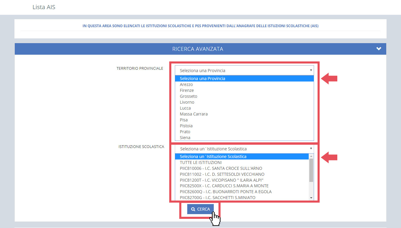immagine pagina lista AIS, finestra ricerca tramite territorio provinciale e istituzione scolastica