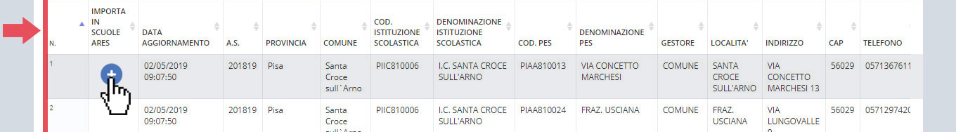 immagine pagina lista AIS, risulti di ricerca, icona importazione