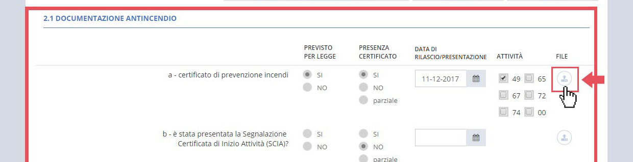 immagine pagina sezione D2 condizioni di sicurezza - documentazione antincendio, punto 2.1 documentazione antincendio, pulsante allegato