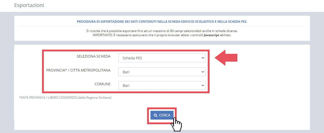 immagine pagina esportazioni, finestra ricerca tramite scheda PES, provincia/città metropolitana, comune, gestore