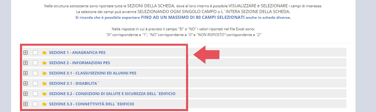 immagine pagina esportazioni, alberatura sezioni scheda PES